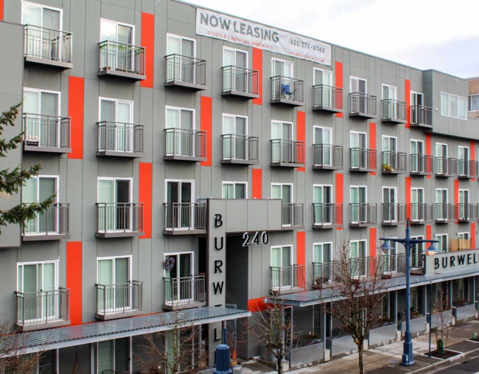 Custom Juliet balconies and tube frames at Harborside Flats in Bremerton, WA