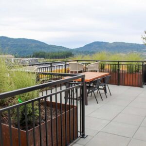 Vertical picket railing with a double top on a rooftop patio for a multifamily complex