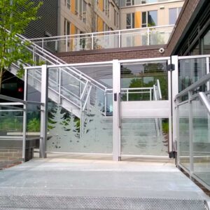 Custom railings with frosted glass gate