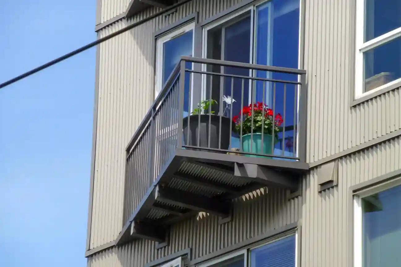 Vertical picket railing on an angled balcony